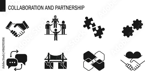 Minimalist Black Icons Illustrating Collaboration Partnership and Teamwork Concepts.eps