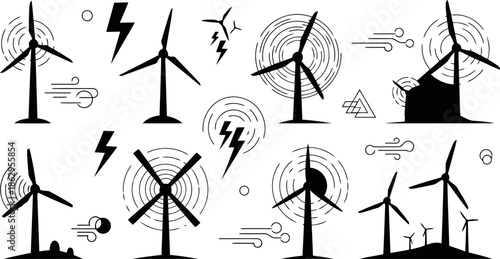 Minimalist Wind Turbines and Renewable Energy Symbols Pattern.eps