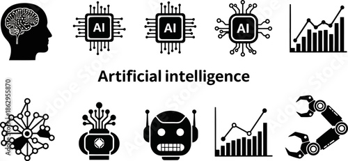 Modern Flat Vector Icons Set for Artificial Intelligence Robotics and Data Concepts.eps