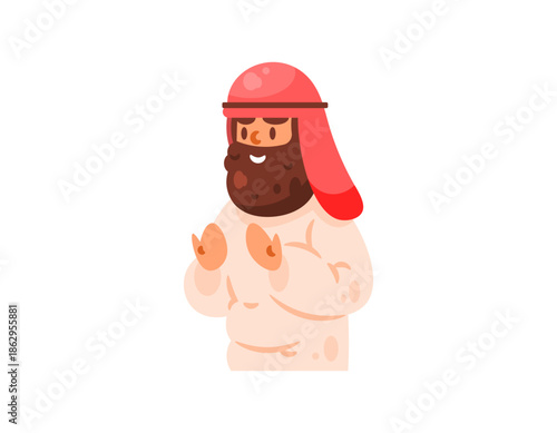 Illustration of a Muslim Arab man praying. Asking for forgiveness and prayers. Adult male character with a beard. Wearing a turban and Muslim robe. Expression, pose, or gesture. Flat style. White