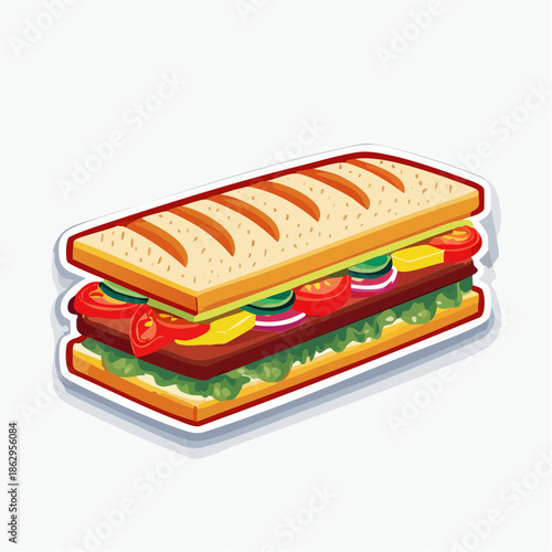Vibrant cartoon illustration of a fully loaded sub sandwich with fresh ingredients, isolated view.