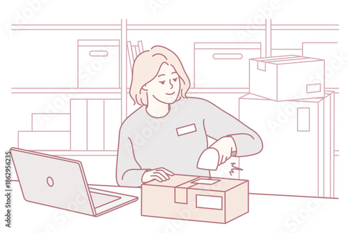 Efficient packing process, Entrepreneur organizing orders with supplies and branding materials, Individual efficiently assembling shipments using various packaging tools and labeling equipment