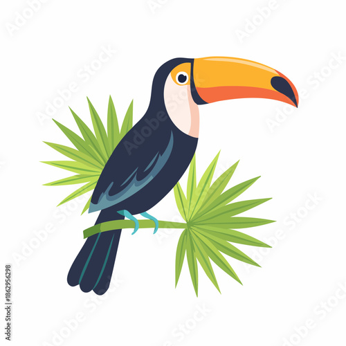 Vibrant tropical toucan illustration perched on a branch surrounded by lush palm leaves