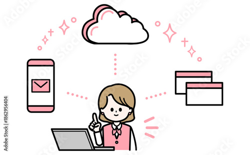クラウドのサービスと女性スタッフとスマホのイラスト データ管理の業務効率化
