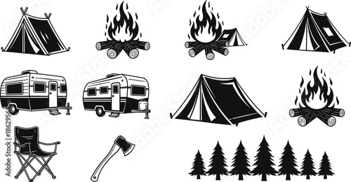 camping outdoor adventure tent campfire caravan trailer forest travel hiking nature icons