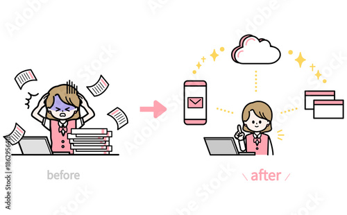 業務の効率化で問題解決する女性スタッフ シンプルなフラットデザインのイラスト