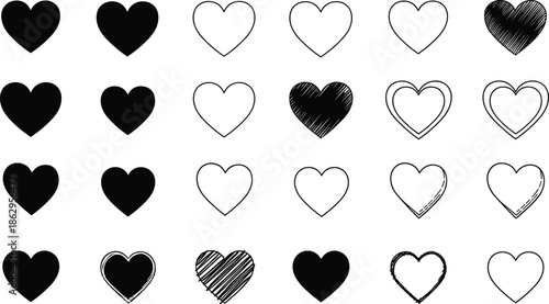 heart hearts love romance valentine doodle sketch handdrawn outline filled icons collection design