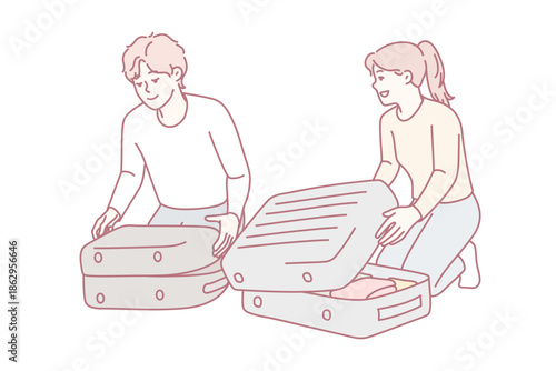 Travel packing scene, Organizing luggage before journey begins, Preparing suitcases with clothing and checklist in hand, Couple efficiently packing their belongings into open suitcases 