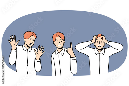 Emotional man is afraid and feels aggression or panic, showing various gestures after receiving misinformation. Identical guys in different emotional and psychological states caused by stress