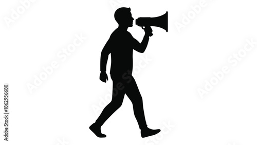 Silhouette of a man walking and speaking into a megaphone