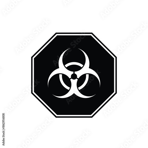 Black biohazard symbol on octagon white