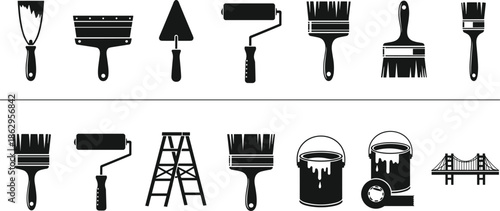 painting paint tools brush roller bucket ladder repair construction renovation vector icon set