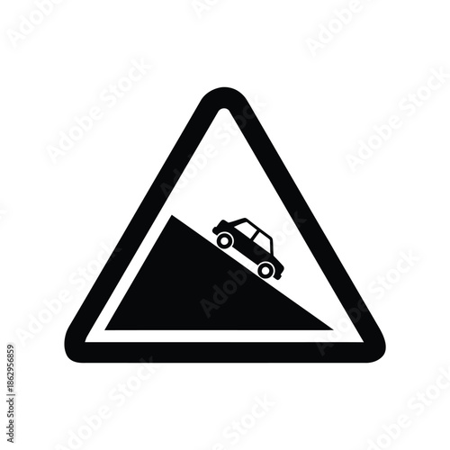 Black car silhouette on steep hill warning sign triangle