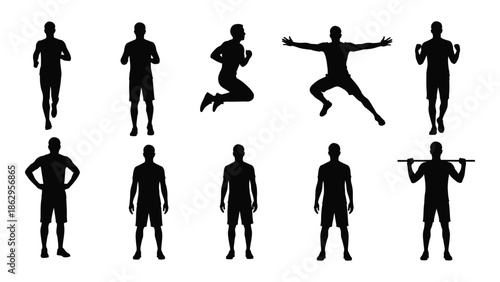 Silhouettes of people in various athletic poses and fitness activities