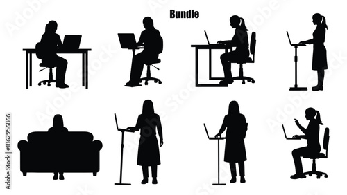 Silhouettes of people working on laptops in various office and home settings