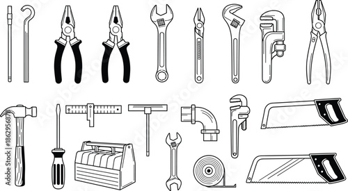 tools handtools wrench pliers hammer screwdriver saw repair construction mechanic vector icon set