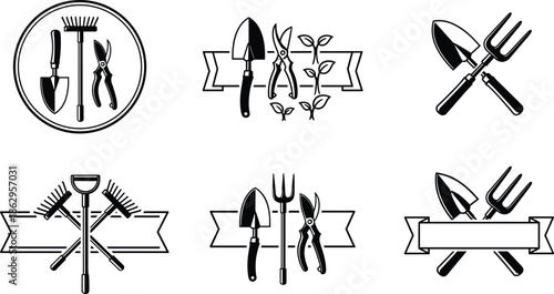 gardening tools badge emblem logo shovel rake pruners fork garden agriculture farming vector icon set