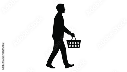 Silhouette of a man walking while carrying a shopping basket