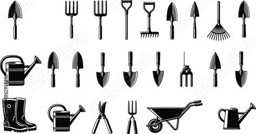 gardening tools shovel rake fork wateringcan wheelbarrow pruners boots agriculture farming vector silhouette icon set