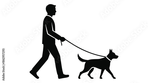 A silhouette of a man walking a dog on a simple leash
