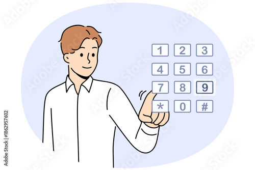 Business man enters password, gain access to confidential data by clicking on buttons on virtual screen. Guy uses secret access code to protect sensitive and confidential information about corporation