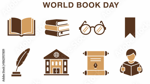 Brown and tan icons related to books open book stacked books glasses bookmark quill building scroll reader