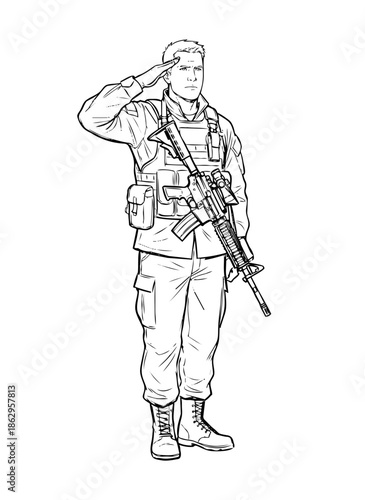 Black and white line illustration of a soldier standing and saluting while holding a rifle. Clean outline military figure isolated on white background, suitable for honor, service, training, defense.