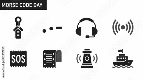Eight black icons related to Morse code signals and maritime use on a white background