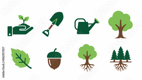 Eight flat icons related to gardening and trees arranged in two rows of four on a white background