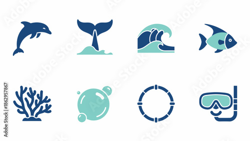 Eight flat graphic icons related to the ocean and water activities
