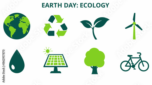 Eight green and dark green ecological icons arranged in two rows under text