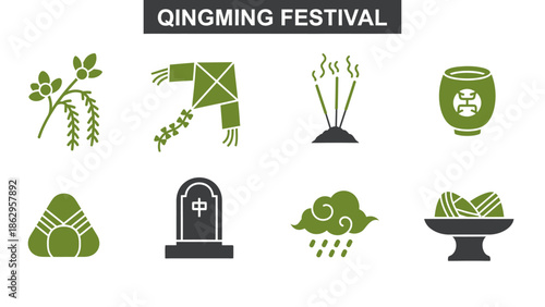 Eight green and gray icons related to the Qingming Festival arranged in two rows