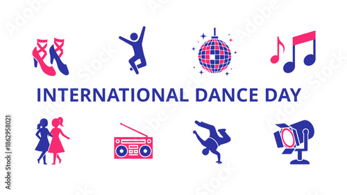 Graphic celebrating International Dance Day with icons of dancing and music