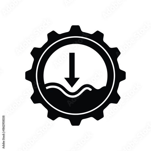 Black gear with downward arrow and wavy line white