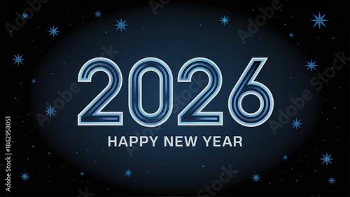 Stylish 2026 New Year Greeting with Sparkling Stars and Bold Typography on Dark Background Perfect for Holiday Cards and Celebration Invitations