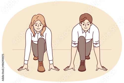 Business people stand in pose of runners and prepare for start, as metaphor for competition of colleagues. Business competition man and woman, who starting to fight for vacant position in company