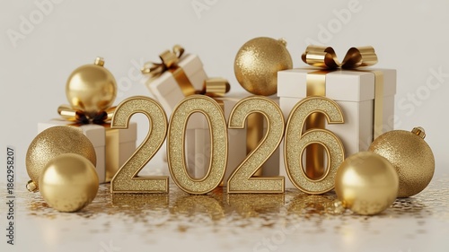 Elegant Gold 2026 New Year Celebration Composition with Gift Boxes and Ornaments on White Marble Surface