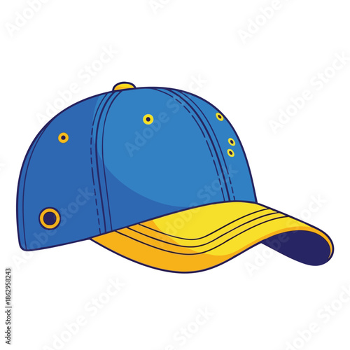 A blue baseball cap with a yellow brim and accent details, side view