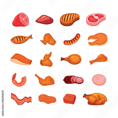 Meat many icons set vector isolated on white background. Set of different types of meat vector illustration. Raw and cooked meat collection. Beef, pork, poultry, fish and others icon set vector