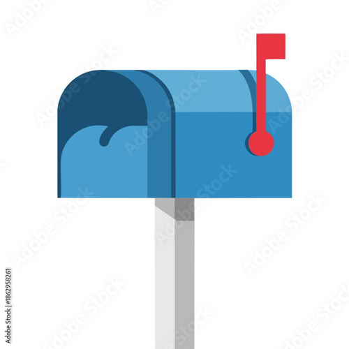 A blue mailbox with a red flag, on a grey post, isolated on white