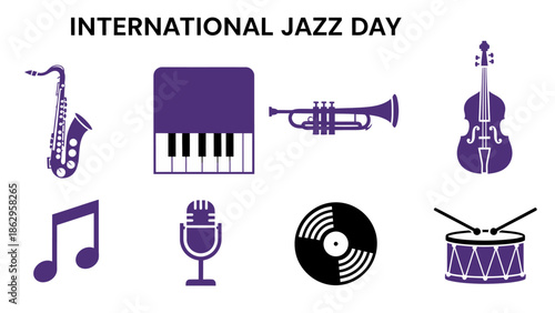 Purple and black icons of musical instruments and elements for International Jazz Day