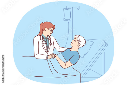 Woman hospice doctor supports dying old man lying in intensive care after unsuccessful support. Girl therapist works in hospice, serving human patient connected to drip with painkillers.