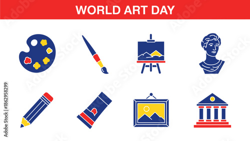 Red banner reads WORLD ART DAY above eight blue and yellow art icons