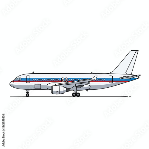 Cartoon illustration of an airplane on the ground, painted white with blue and red lines