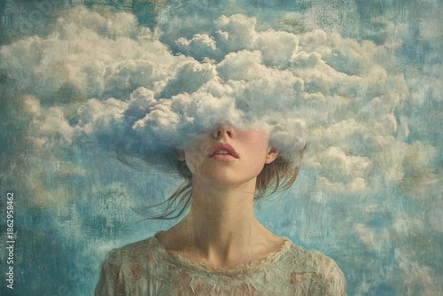 Surreal portrait of woman with clouds as head