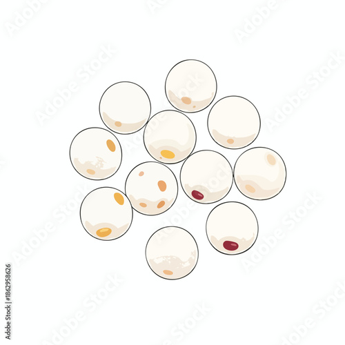 A cluster of white circular objects with interior markings on a white background