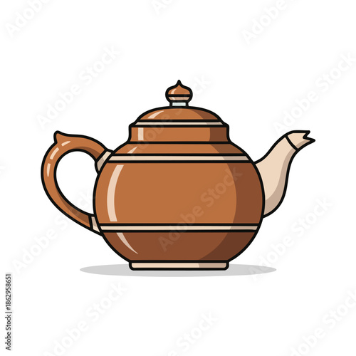 An illustration of a brown ceramic teapot, decorated with white lines