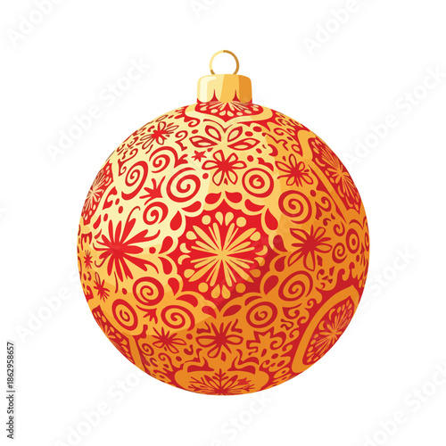 A festive, spherical ornament in gold and red floral patterns for holiday celebrations