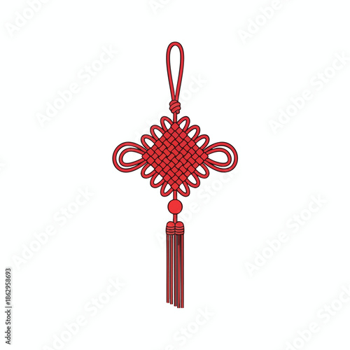 A red, intricately knotted decorative design with a looped handle and tassel