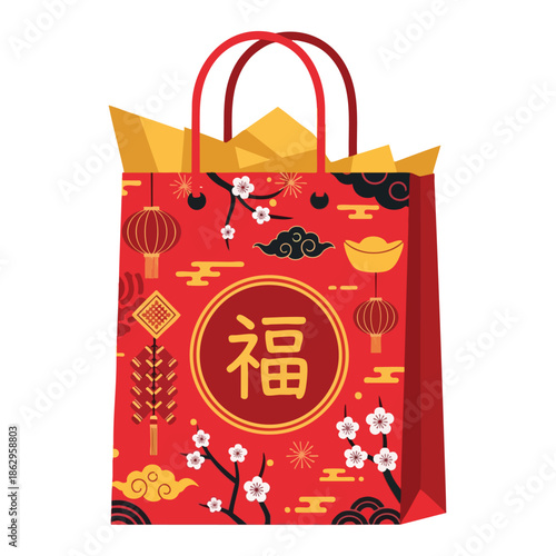 Red Chinese New Year gift bag with auspicious symbols and florals